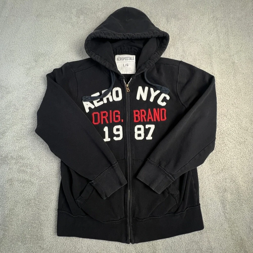 Aeropostale Mens Hoodie Large Black Sweatshirt FullZip Aero NYC 1987 Graphic Y2K